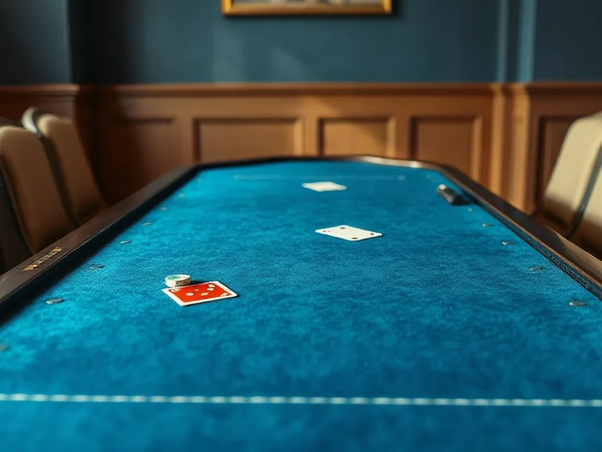 Table de poker en feutre bleu avec cartes et compteurs symboliques