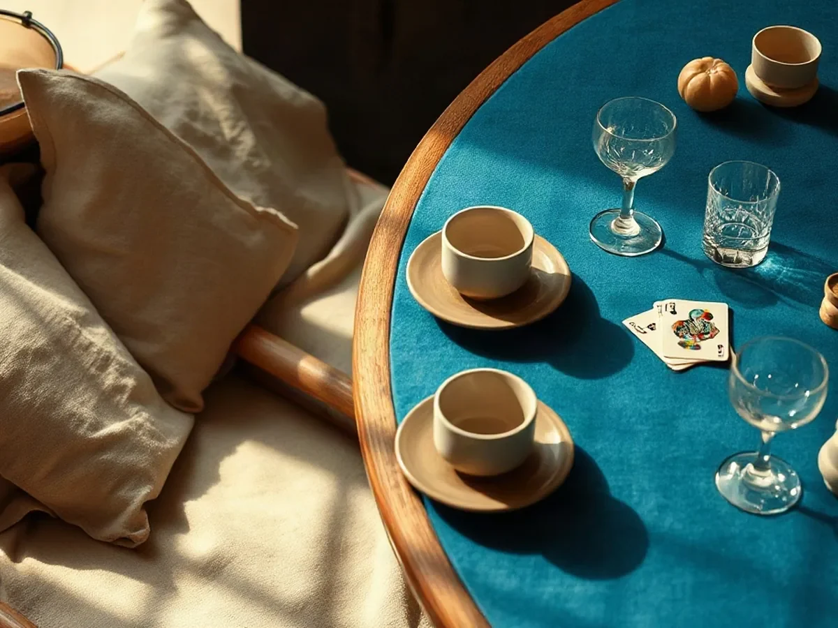 Détail de lin, céramique, cartes et feutre bleu
