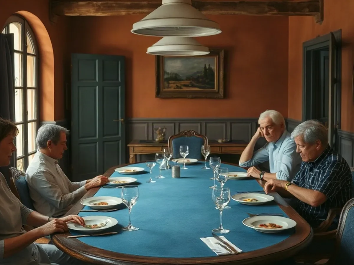 Salle imaginée aux tons terre cuite et bleu grisé